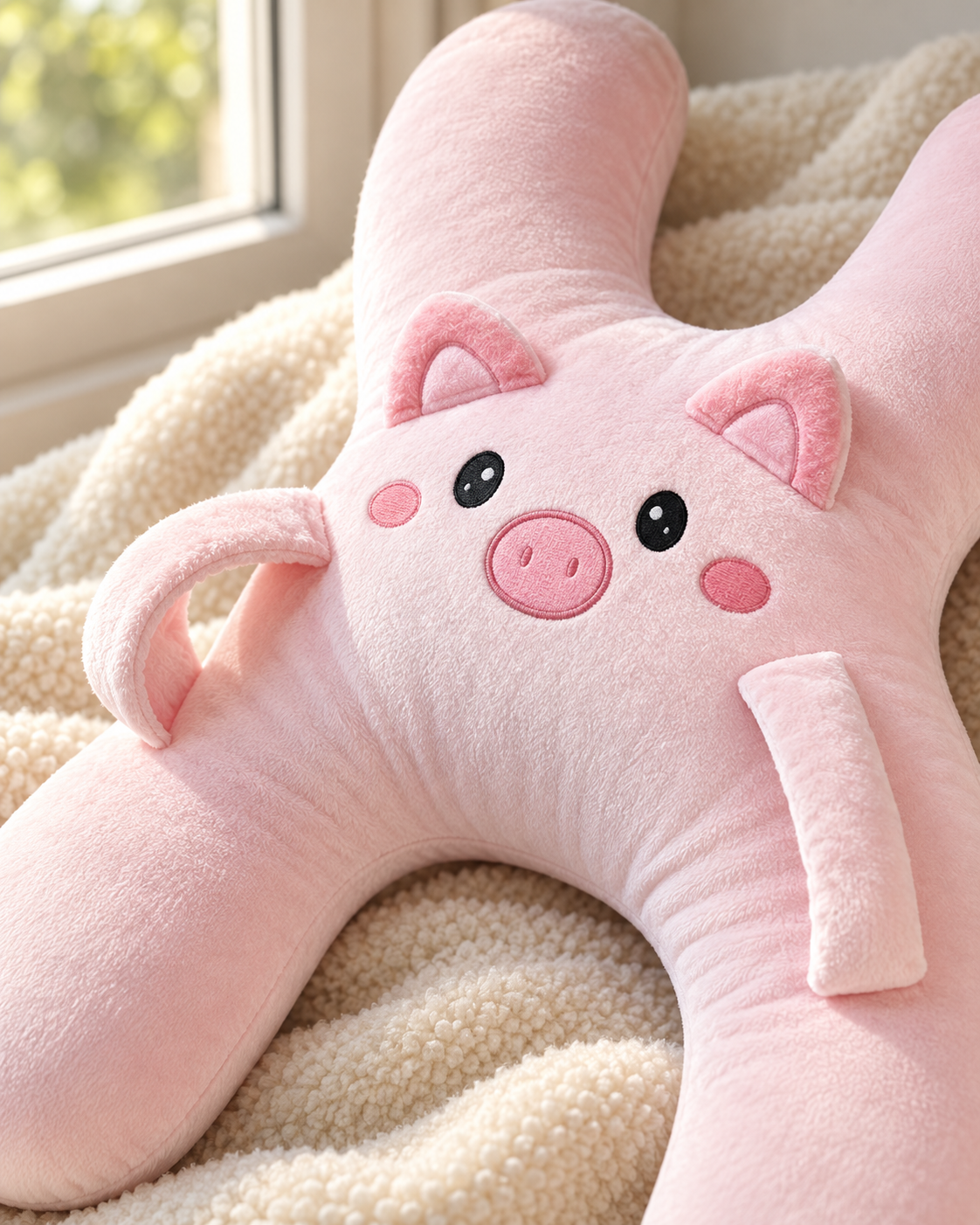 Nahaufnahme des rosa Schweinchen-Reisebuddy mit weichem Stoff, Stickerei und offener seitlicher Armschlaufe.