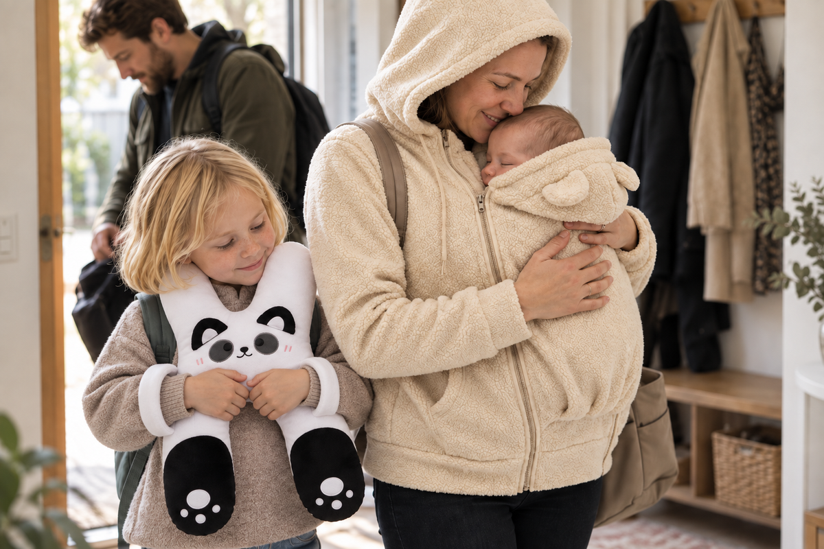 Familie vor dem Aufbruch: Baby im cremefarbenen Känguru-Hoodie und Kind mit Panda-Reisebuddy