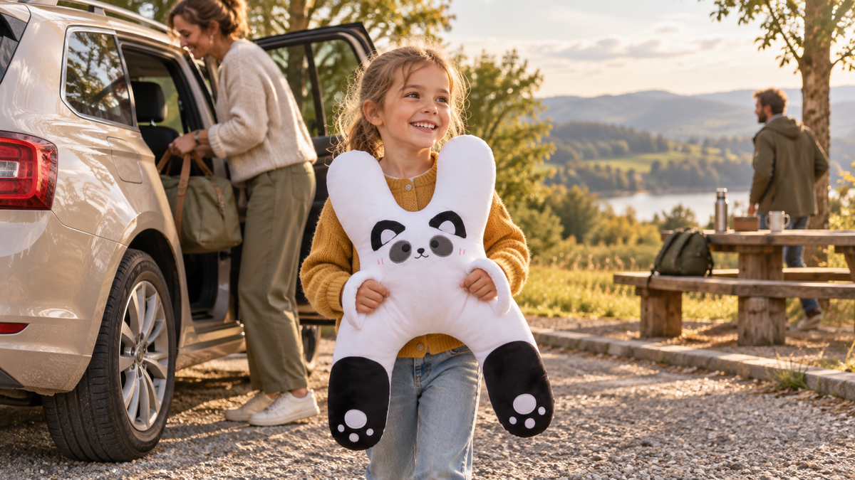 Familie an einem Rastplatz; Kind hält den Panda-Reisebuddy neben dem geparkten Auto.