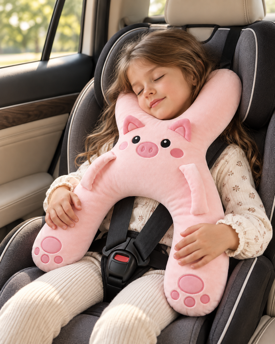 Kind im Kindersitz mit Kuschelstunde Reisebuddy im Auto