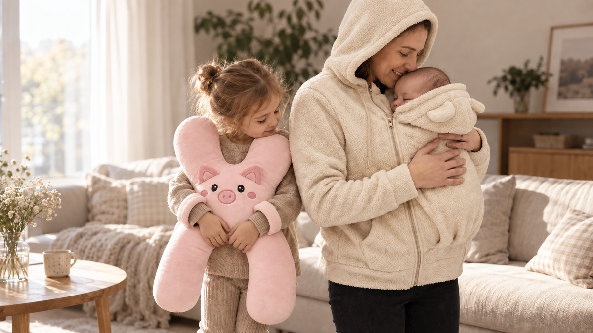 Mutter im Känguru-Hoodie mit Baby und Kind mit rosa Reisebuddy; Arme durch die Schlaufen