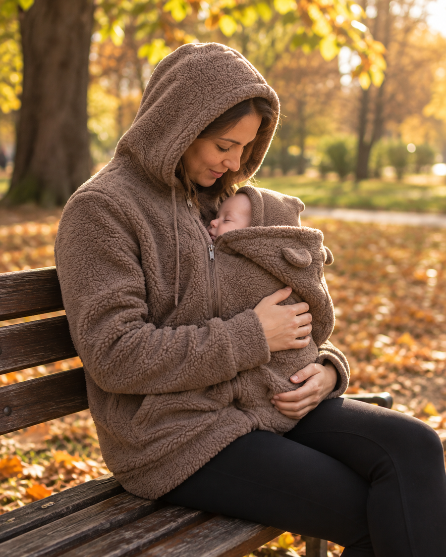Mutter im braunen Känguru Hoodie mit Baby auf einer Parkbank im Herbst